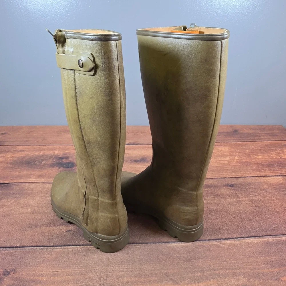 Le Chameau Chasseur Boots Mens 9 Olive Good Leather Lined Zip Rain Bag